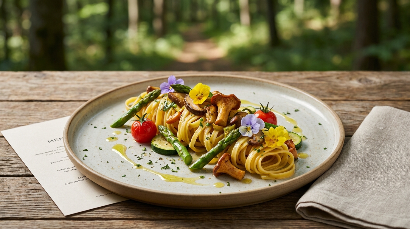 彩り豊かな季節の野菜を使った森のパスタのアップ