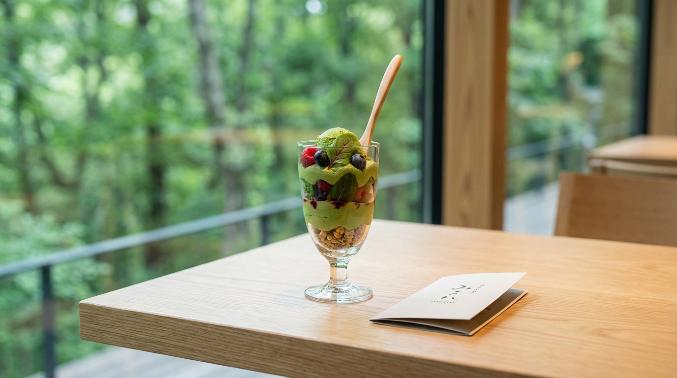 森の緑を背景にした自家製森のパフェ