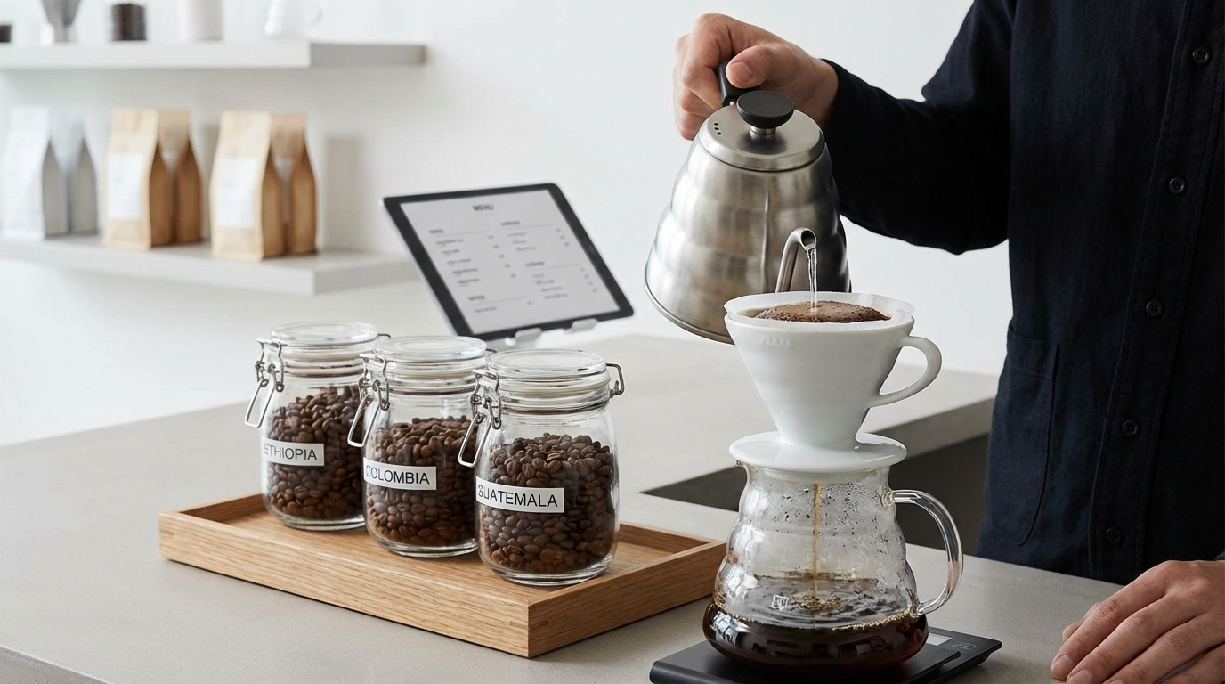 丁寧にハンドドリップされているコーヒーと焙煎豆のイメージ